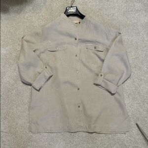 Kate Hill 100% Linen Button Up 3/4 Sleeve Roll Tabs Shirt Plus 1X Natural Flax